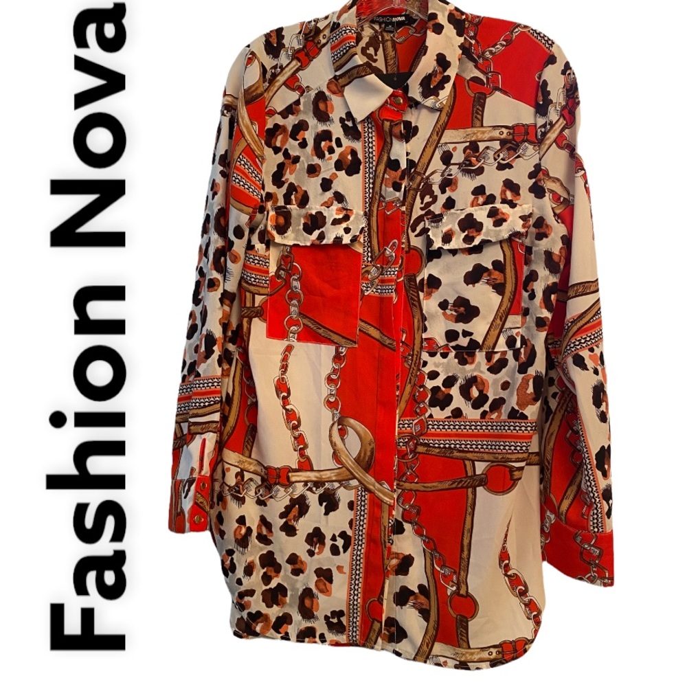 Fashion Nova Chains-animal Print Long Sleeve Button Up Blouse M NWT